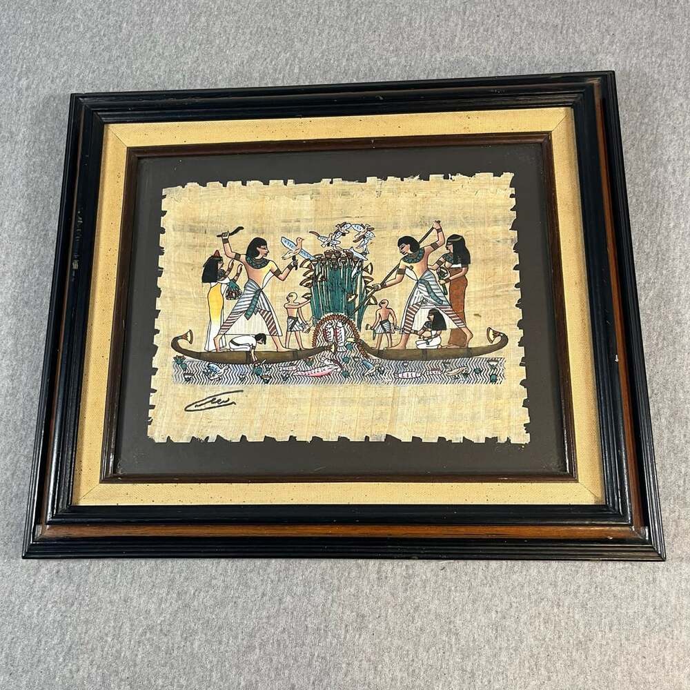 Egyptian Papyrus Hand Painted Artwork Framed Vintage Wall Decor